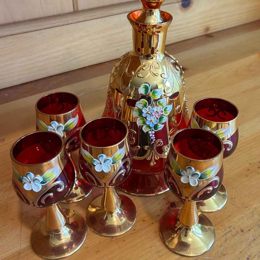 Vintage Ruby Red Murano Handblown Glass Decanter Set 24 Karat Gold - Picture 3 of 10